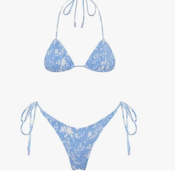 VOLAFA Women's Triangle Bikini String Swimsuit Print Tie Smocked Ruched Two Piec - Picture 9 of 14